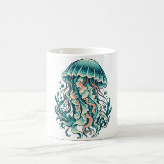 Taza De Café Medusa Teal con Tentáculos Oceánicos Fluyentes