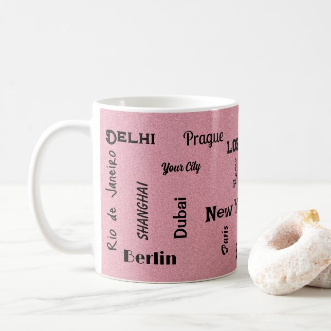 Taza De Café mega ciudad purpurina rosa (Con donut)