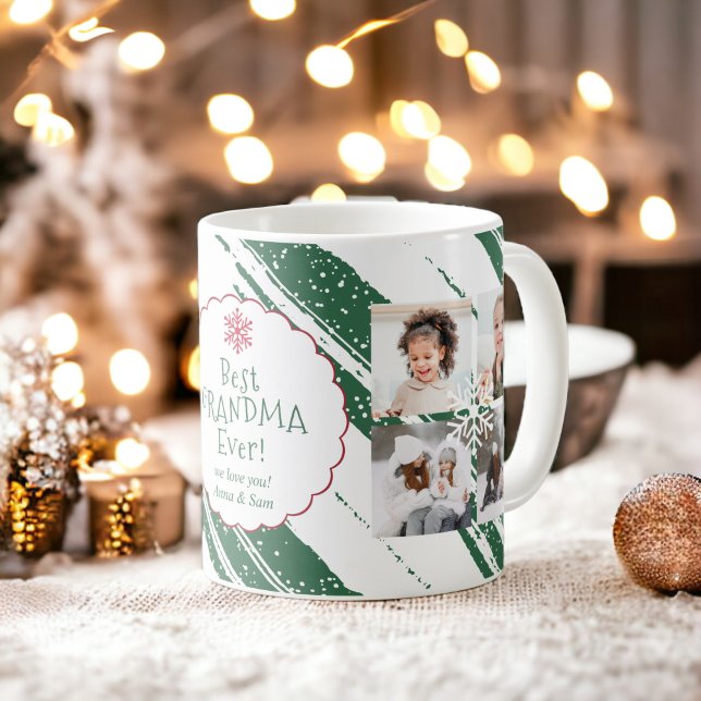 Taza De Café Mejor abuela 5 fotos Navidades rayas verde nieve (Best grandma 5 photos Christmas stripes snow green Coffee Mug)