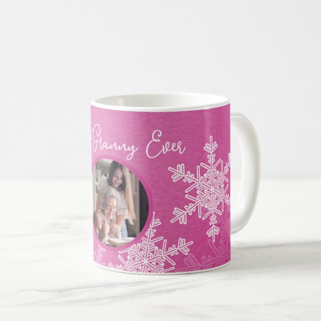 Taza De Café Mejor Abuelita siempre rosada Snowflakes texto Min (Anverso derecho)