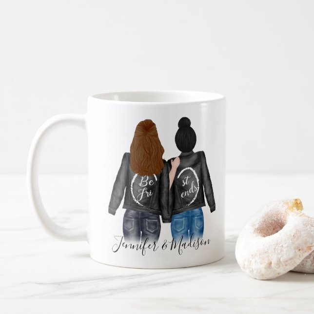 Taza De Café Mejor Amigos Brunette Dark Bun Hair BFF Besties (Con donut)