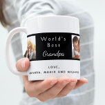 Taza De Café Mejor collage de fotos del personalizado del abuel<br><div class="desc">Haz tu propio collage de fotos de familia. ¡Usa cuatro, cuatro de tus fotos favoritas de tu abuelo, sus hijos, nietos, familia, amigos o mascota! Con el texto: Mejor Abuelo del Mundo. Personalice y agregue sus nombres. Fondo clásico blanco negro con marco negro. Perfecto como cumpleaños, Navidades o regalo del...</div>
