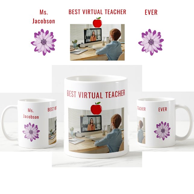 Taza De Café Mejor foto de nombre de agradecimiento de profesor (Best Virtual Teacher Ever. Photo of student. Flowers. Modern, cute, elegant teacher appreciation mug)