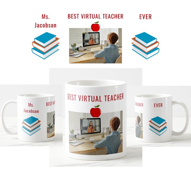 Taza De Café Mejor libro de fotos con nombres personalizados de (Best Virtual Teacher Ever. Photo of student. Books. Modern, cute, elegant teacher appreciation mug)