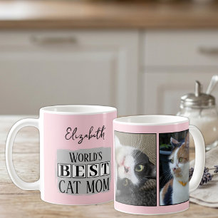 Taza De Café Mejor mamá de gato 2 nombre de foto rosa gris