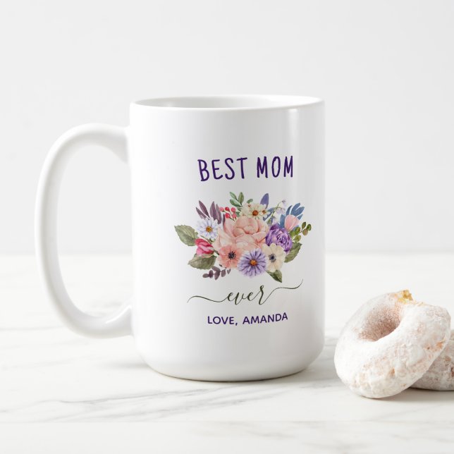 Taza De Café Mejor Mamá de personalizable | Bonito Flores rusas (Con donut)