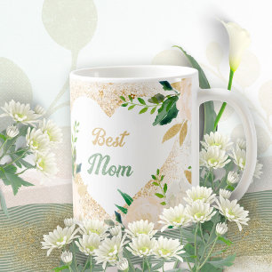 Taza De Café Mejor Mamá Glitter Dorado Hojas de Rosa Floral Rom