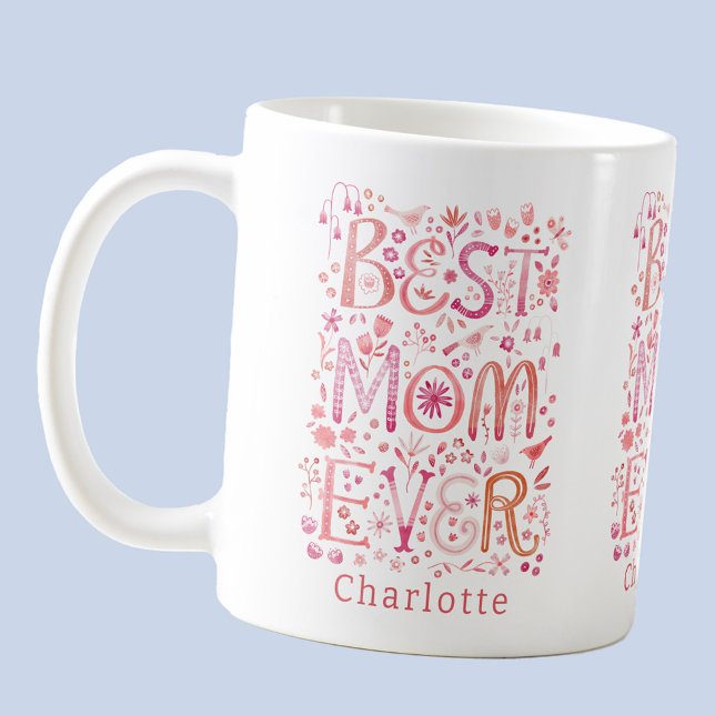 Taza De Café Mejor Mamá Personalizada (Best Mom Ever personalized name coffee mug with watercolor hand lettering)