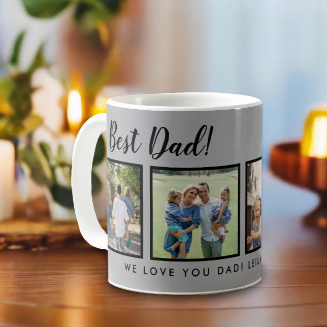Taza De Café ¡Mejor papá! Fotos Collage Mensaje Light Gray (Best dad script font with 6 family photo slots along with a custom message for your number 1 Dad.)
