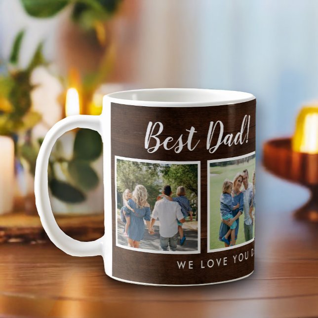 Taza De Café ¡Mejor papá! Fotos Mensaje de Collage Madera Oscur (Best dad script font with 6 family photo slots, along with a custom message for your number 1 Dad.)