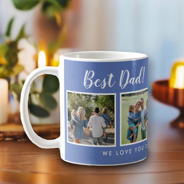 Taza De Café ¡Mejor papá! Mensaje de colección de fotos Azul (Best dad script font with 6 family photo slots, along with a custom message for your number 1 Dad.)