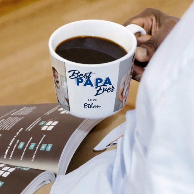Taza De Café Mejor Papa moderno foto Día del Padre (Easily personalize this Best Papa Ever  2 photo mug with your photos and name, for a unique gift)