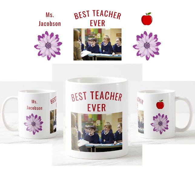 Taza De Café Mejor Profesor de Apreciación de Maestros Foto (Best Teacher Ever. Photo of students. Flowers. Apple. Modern, cute, elegant teacher appreciation mug)