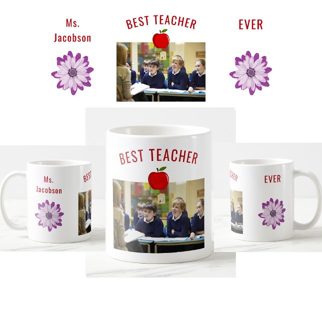 Taza De Café Mejor Profesor de Apreciación de Maestros Foto (Best Teacher Ever. Photo of students. Flowers. Modern, cute, elegant teacher appreciation mug)