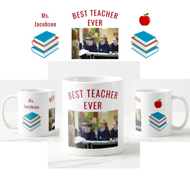Taza De Café Mejor Profesor de Apreciación de Maestros Foto (Best Teacher Ever photo mug. Personalized name. Books. Apple. Modern, cute teacher appreciation mug)