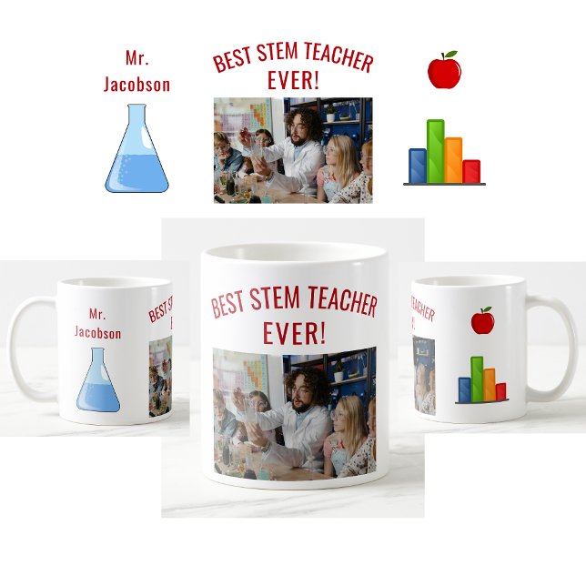 Taza De Café Mejor Profesor de STEM, Nombre, Foto, Apreciación (Best STEM Teacher Ever photo mug. Name. Beaker. Bar Graph. Apple. Cute teacher appreciation mug)