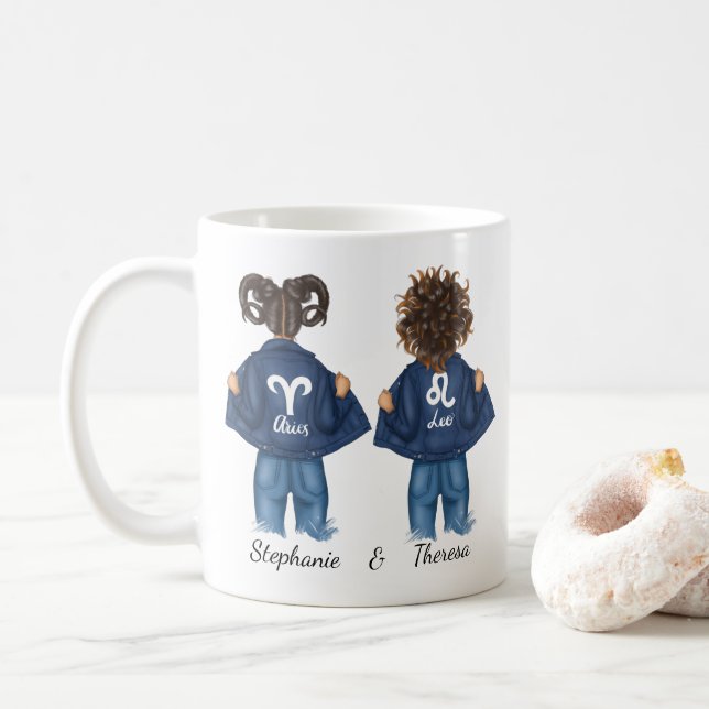 Taza De Café Mejores Amigos Personalizados Aries Leo Chica Jean (Con donut)