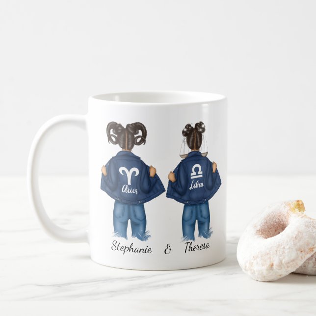 Taza De Café Mejores Amigos Personalizados Aries Libra Chica Je (Con donut)