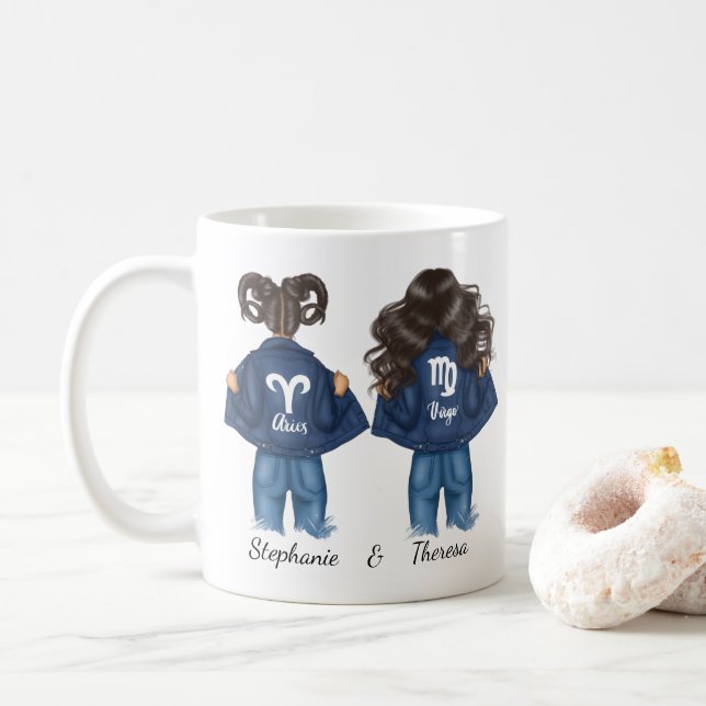 Taza De Café Mejores Amigos Personalizados Aries Virgo Chica Je (Con donut)