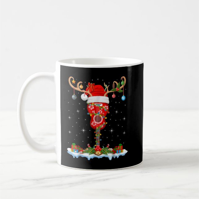 Taza De Café Mele Kalikimaka Santa Hat Reindeer Ukulele Guitar (Izquierda)