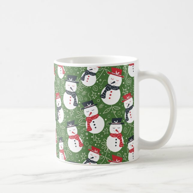 Taza De Café Mellow Snowmen - Navidad roja con un patrón verde. (Derecha)