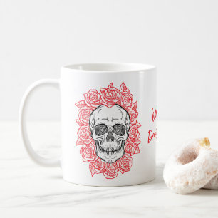 Taza De Café ¡Memento Mori! Calavera y Rosas, mano dibujada