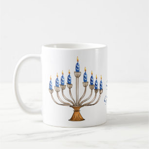 Taza De Café Menorah con velas quemadas Feliz Hanukkah