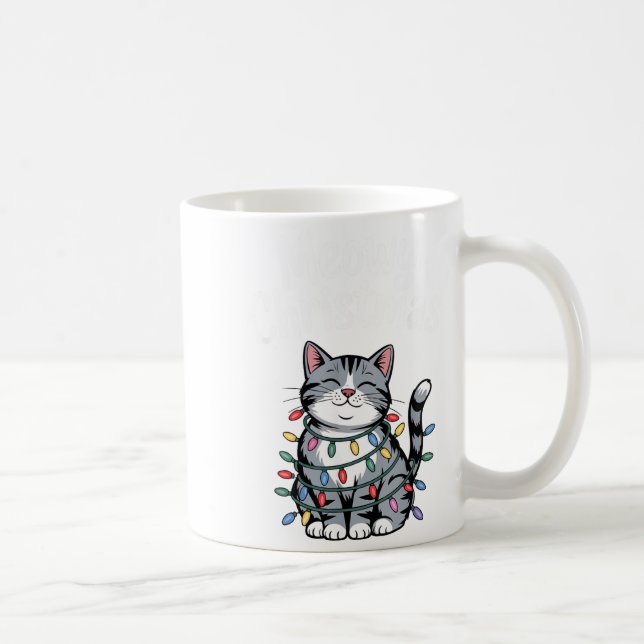 Taza De Café Meowy Christmas Cute Gray Tabby Cat Holiday Lights (Derecha)
