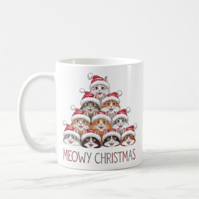 Taza De Café Meowy Christmas Funny Stacked Cats – Cute Holiday  (Izquierda)