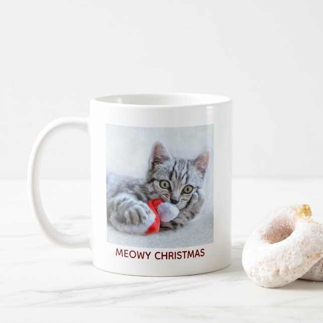 Taza De Café Meowy Navidades cuelgan grisáceo gato (Con donut)