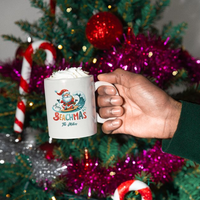 Taza De Café Merry Beachmas Santa Surfing Retro Design (Subido por el creador)