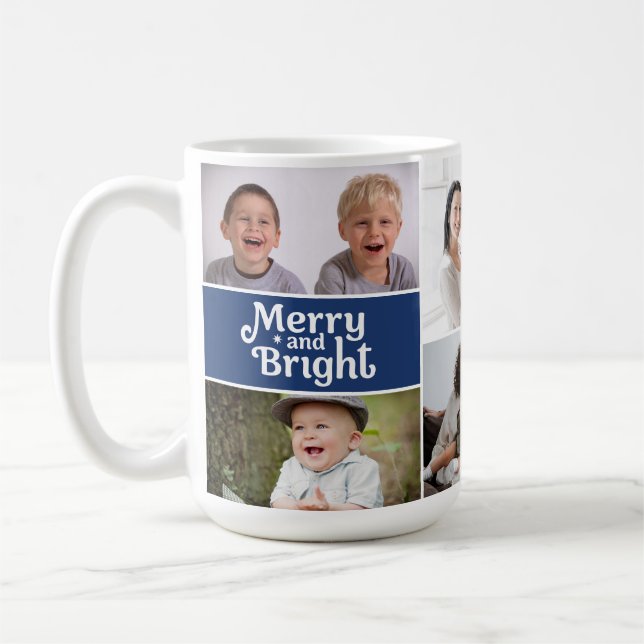 Taza De Café Merry & Bright Multi-Photo Holiday Blue custom (Izquierda)
