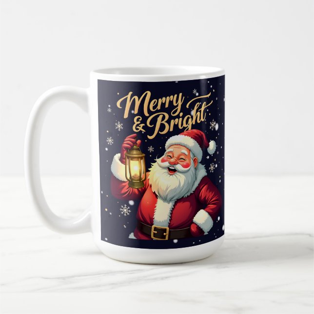 Taza De Café Merry Bright Santa Holding Lantern Illustration (Izquierda)