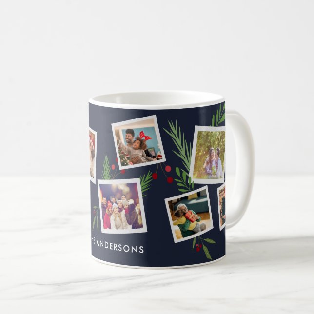 Taza De Café Merry Christmas Collage Custom Modern Holly (Anverso derecho)