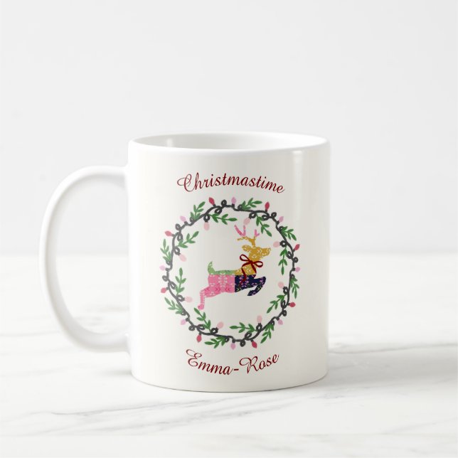 Taza De Café Merry Christmas Deer with Wreath Customize (Izquierda)