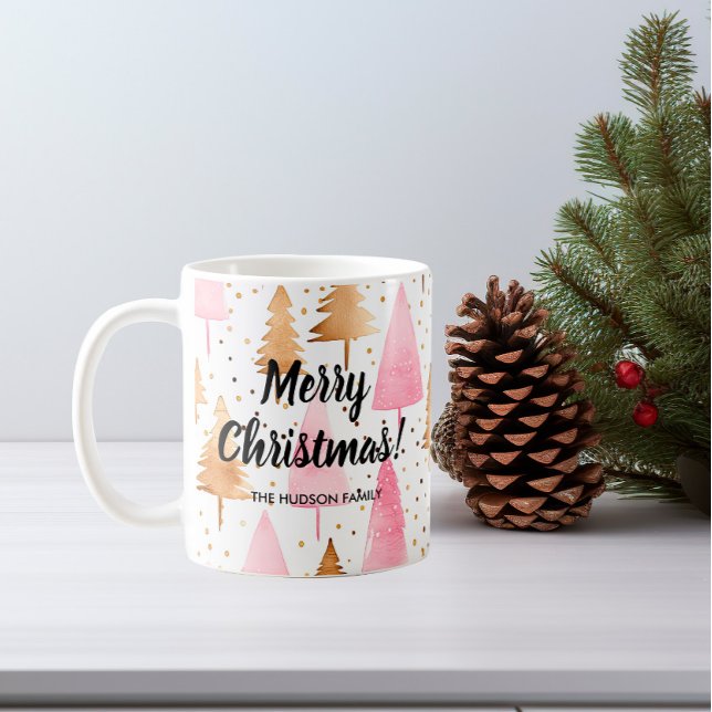 Taza De Café Merry Christmas Gold Pink Tree (Subido por el creador)