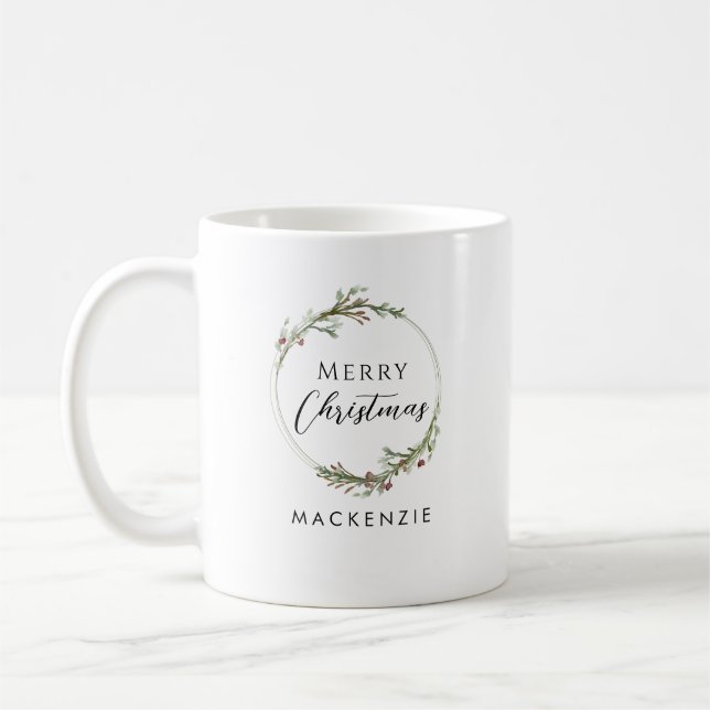 Taza De Café Merry Christmas Minimalist Name Wreath (Izquierda)