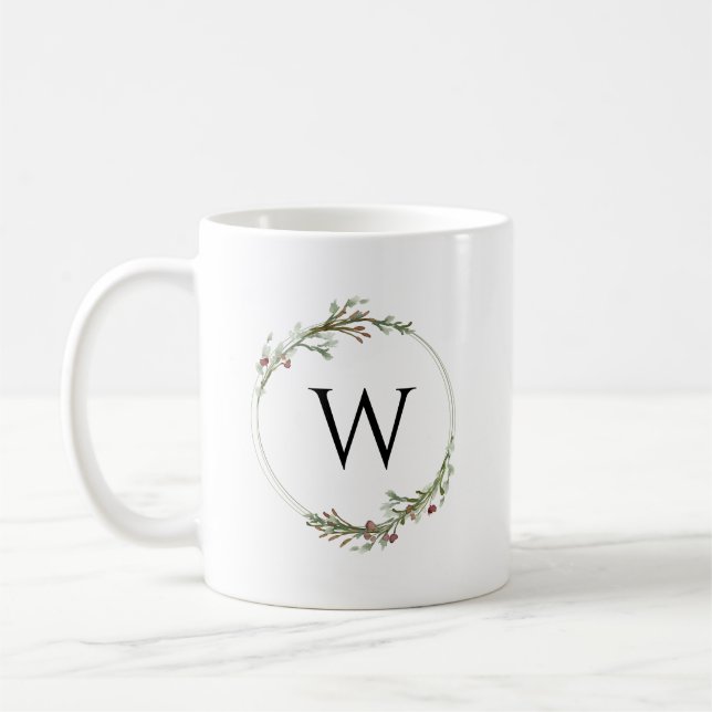 Taza De Café Merry Christmas Minimalist Wreath Monogram (Izquierda)