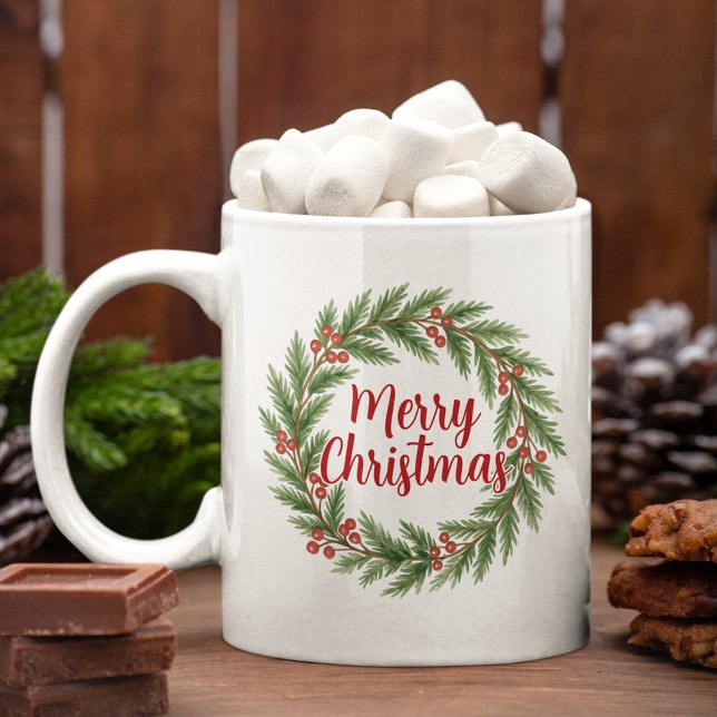 Taza De Café Merry Christmas On Red Green Holly Wreath Holiday (Subido por el creador)
