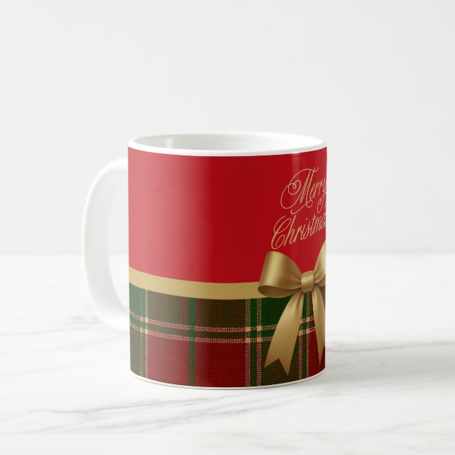 Taza De Café Merry Christmas Plaid Mug with Gold Bow (Anverso izquierdo)