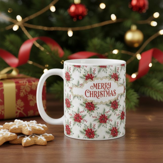 Taza De Café Merry Christmas Poinsettia Floral Holiday Pattern (Merry Christmas Poinsettia Coffee Mug - Festive Holiday Floral Cup)