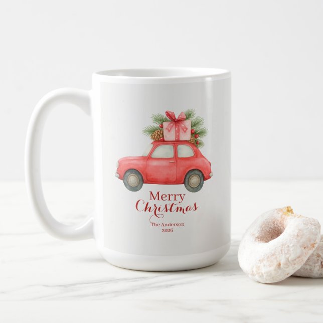 Taza De Café Merry Christmas Red Car – Personalized Holiday  (Con donut)