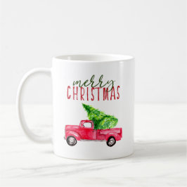 Taza De Café Merry Christmas Red pickup truck color de agua