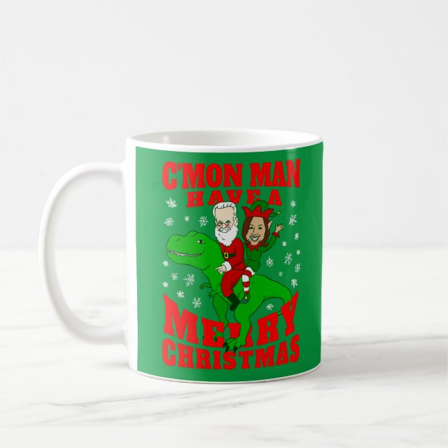 Taza De Café merry christmas santa biden kamala harris dinosaur (Izquierda)