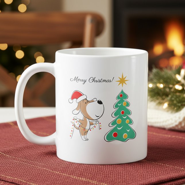 Taza De Café Merry Christmas Tree Cute Dog in Santa Hat (Subido por el creador)
