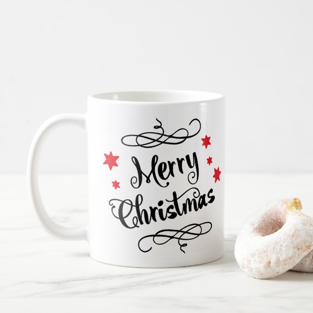 Taza De Café Merry Christmas Typography Red White (Con donut)