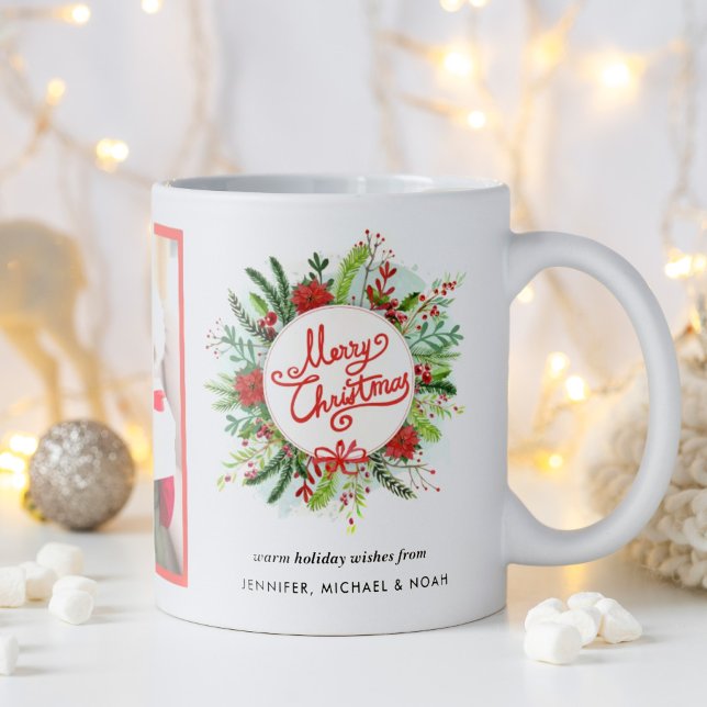 Taza De Café Merry Christmas Watercolor Poinsettia Wreath Foto (Merry Christmas tradition with a watercolor wreath. Personalize with photo and names. )