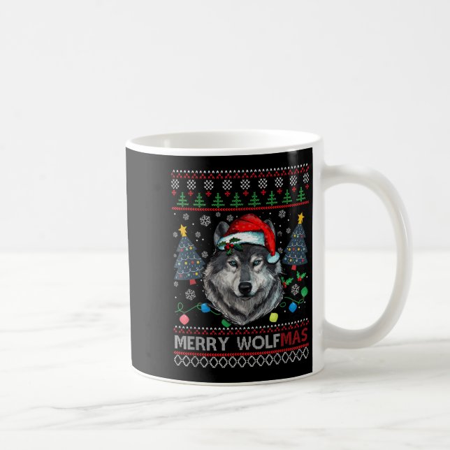 Taza De Café Merry Wolfmas Merry Christmas Wolf Ugly Sweater Fu (Derecha)