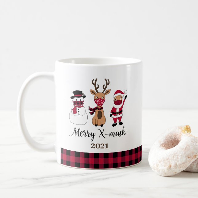 Taza De Café Merry X-Mask Funny Buffalo Plaid Santa (Con donut)