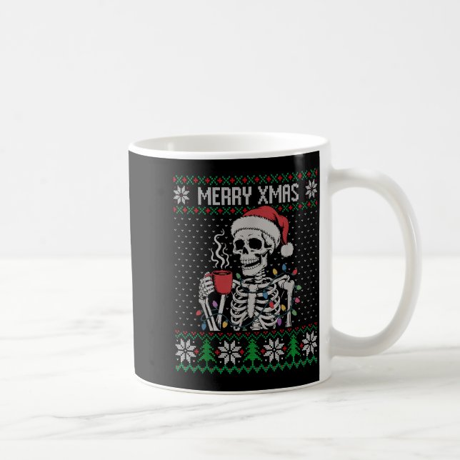 Taza De Café Merry Xmas Skeleton Ugly Sweater, Skull Wearing Sa (Derecha)